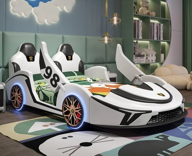 LED Car Leather Kids Bed With Storage