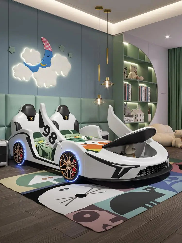LED Car Leather Kids Bed With Storage