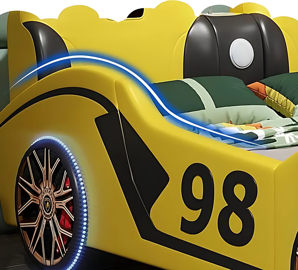 LED Car Leather Kids Bed With Storage