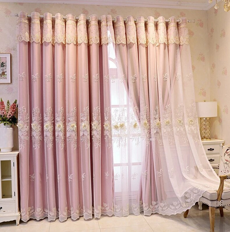 Double Layered Floral Embroidered Polyester Fabric Pink Tulle Window Curtain / Ruchi