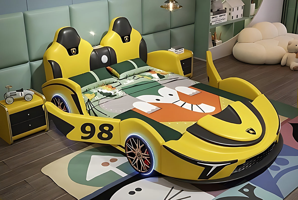 LED Car Leather Kids Bed With Storage