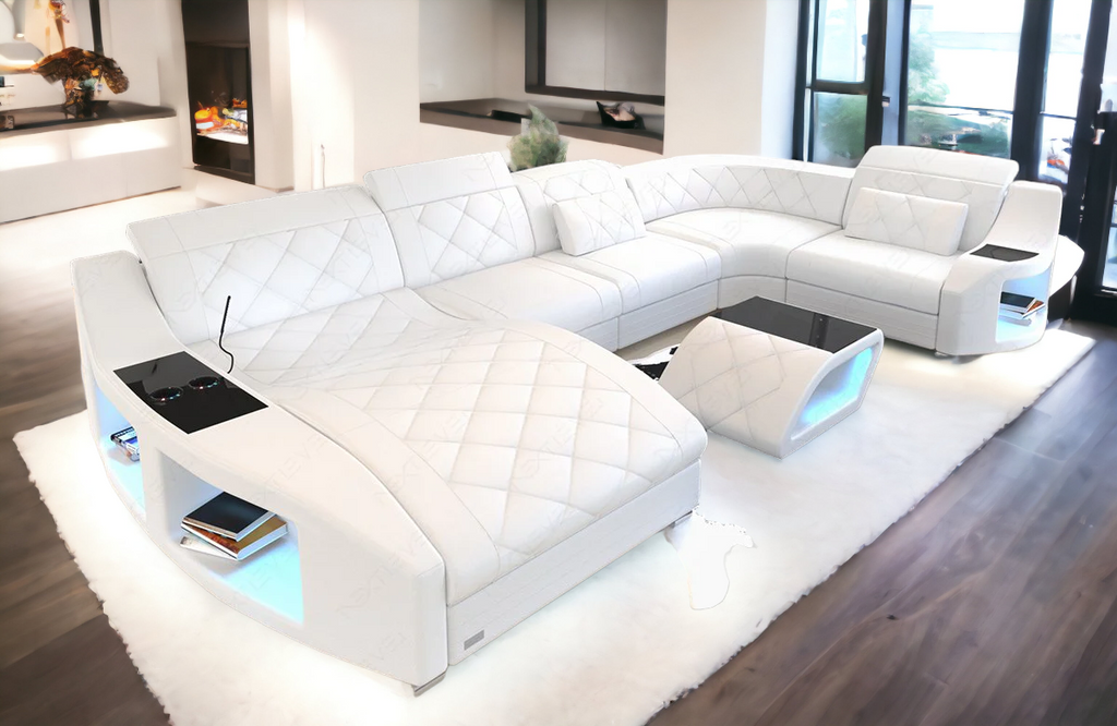 Contemporary Diamond Design Backrest LED Ensemble Leather Sectional Sofa / Ruchi