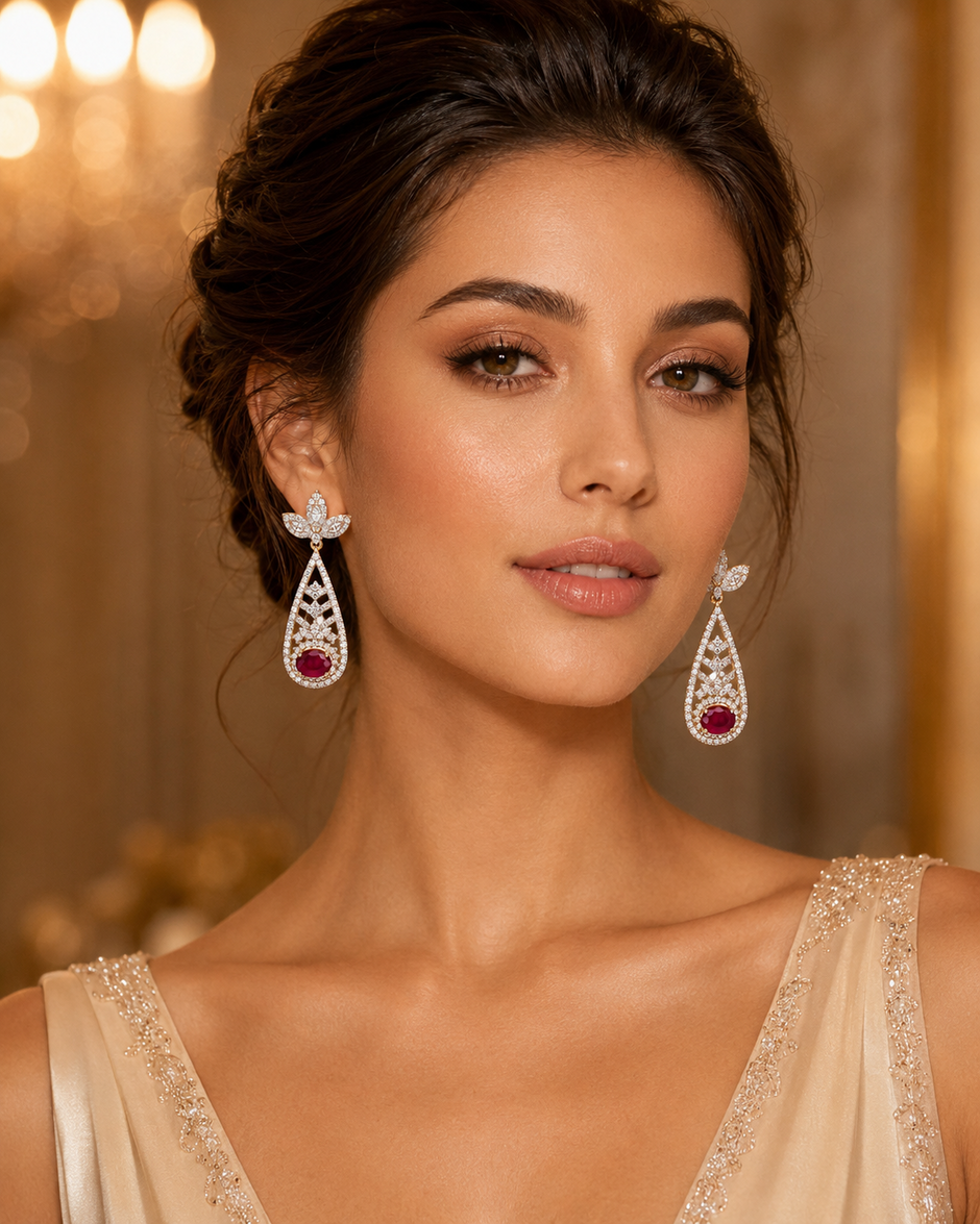 Chandelier Drop Design Cubic Zirconia Metal Earrings / Ruchi