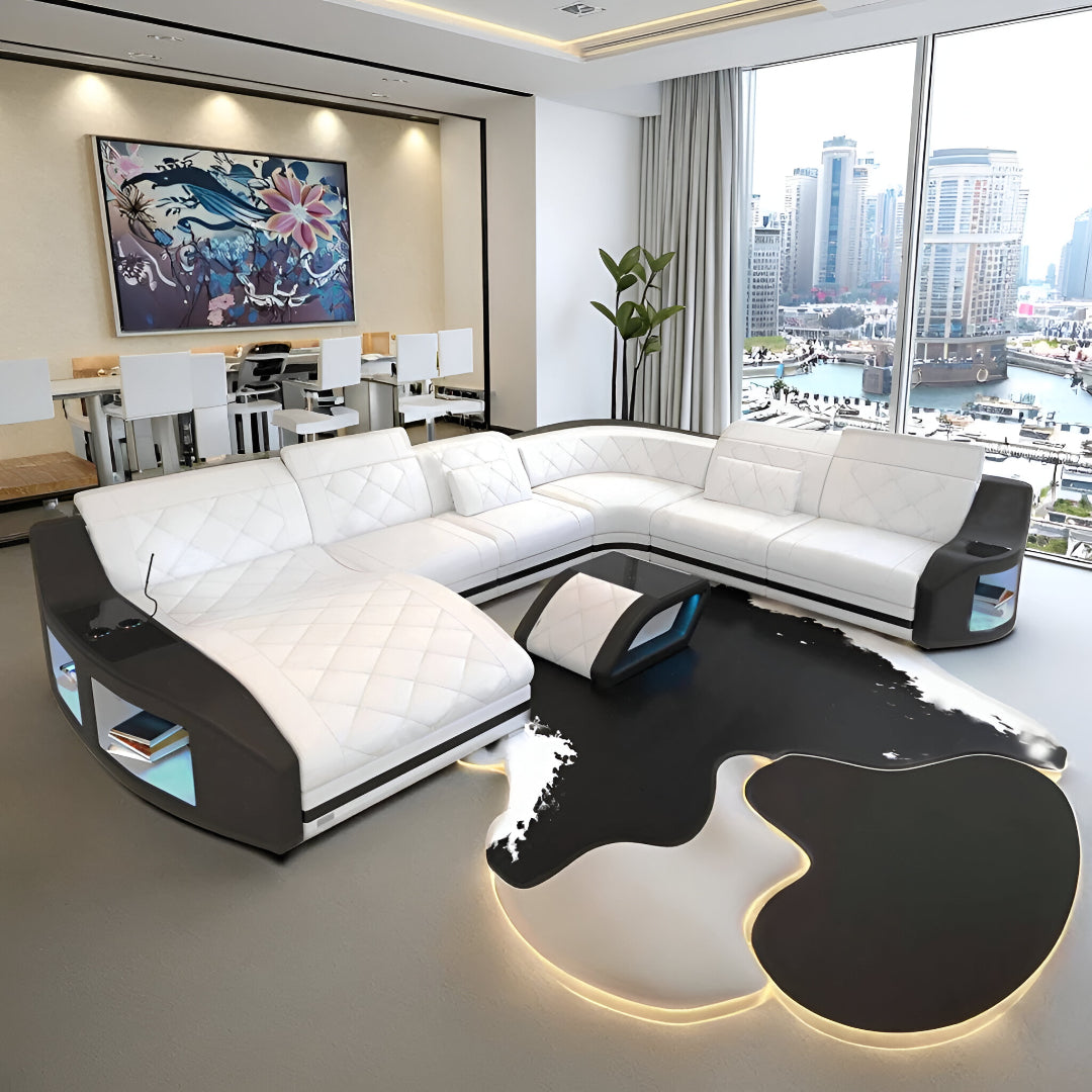 Diamond Design LED Embedded Leather Sectional-Sofa / Ruchi