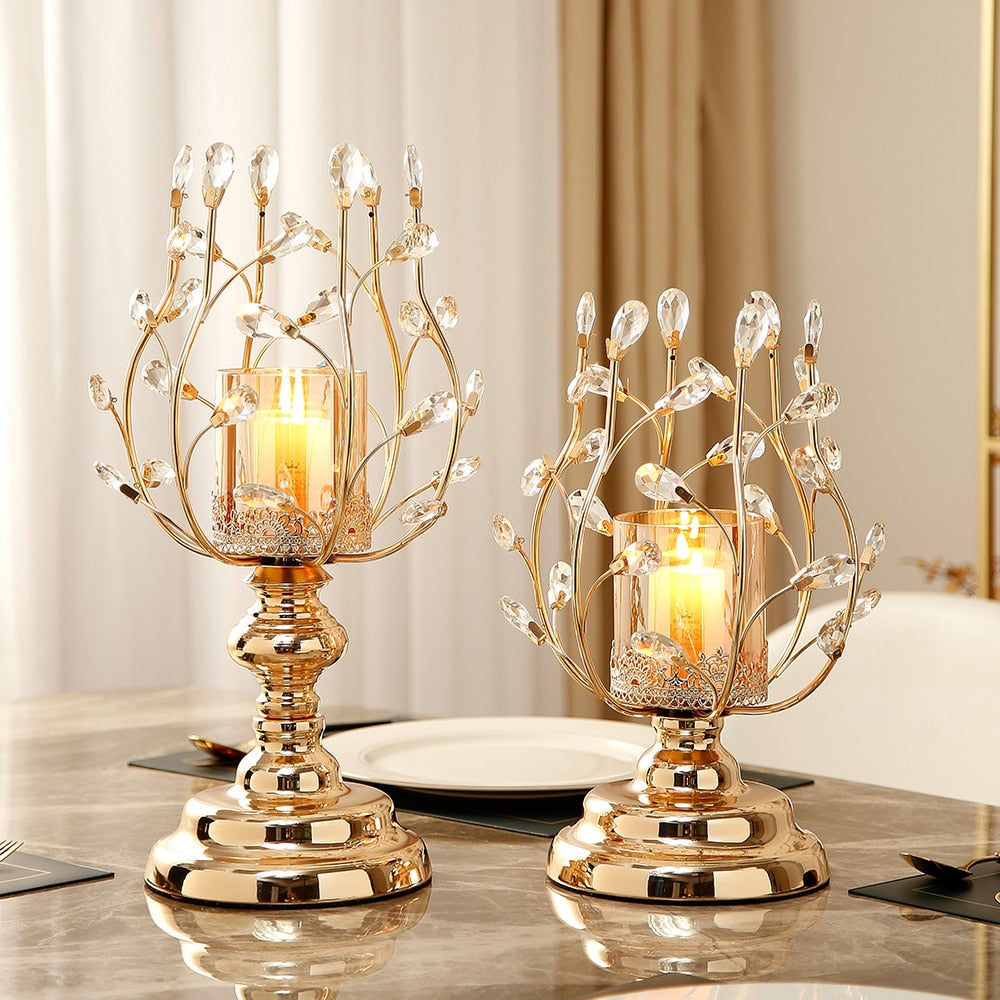 Exquisite Crystal-Accented Metal and Glass Candle Holder / Ruchi