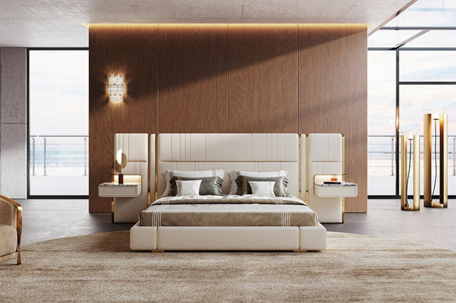 Modern Leather Platform Bed With Headboard / Ruchi