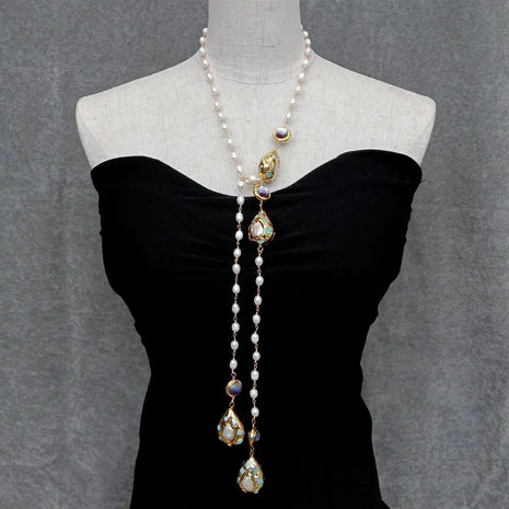 Larimar Beaded White Pearl Chain Necklace / Ruchi