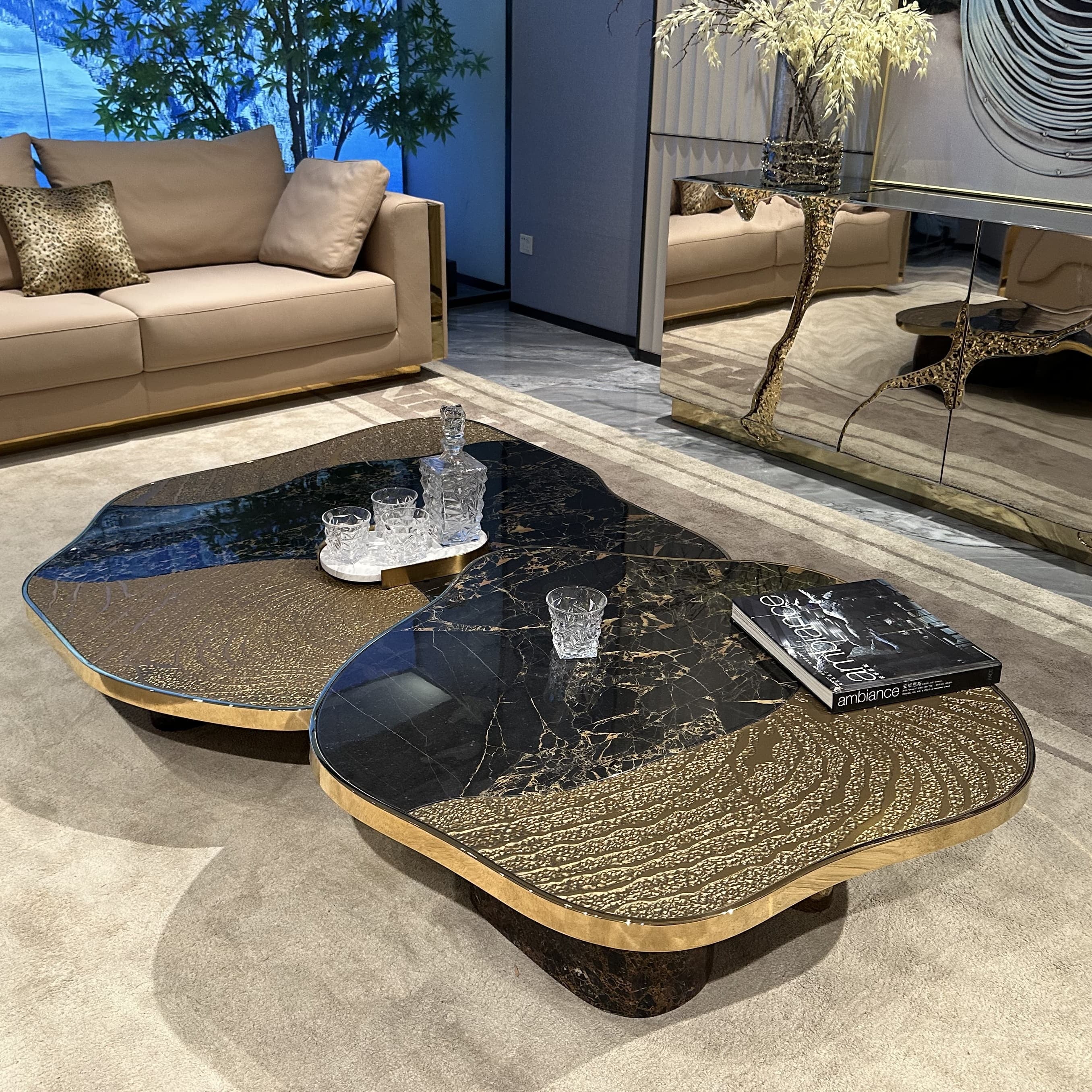 Contemporary Marble And Metal Coffee Table Set / Ruchi 