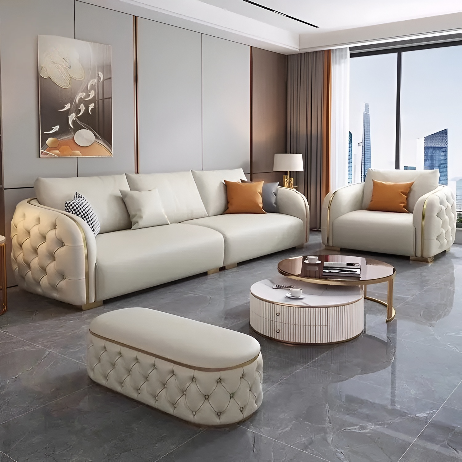 Modern Luxury Chesterfield Leather Sofa Set / Ruchi