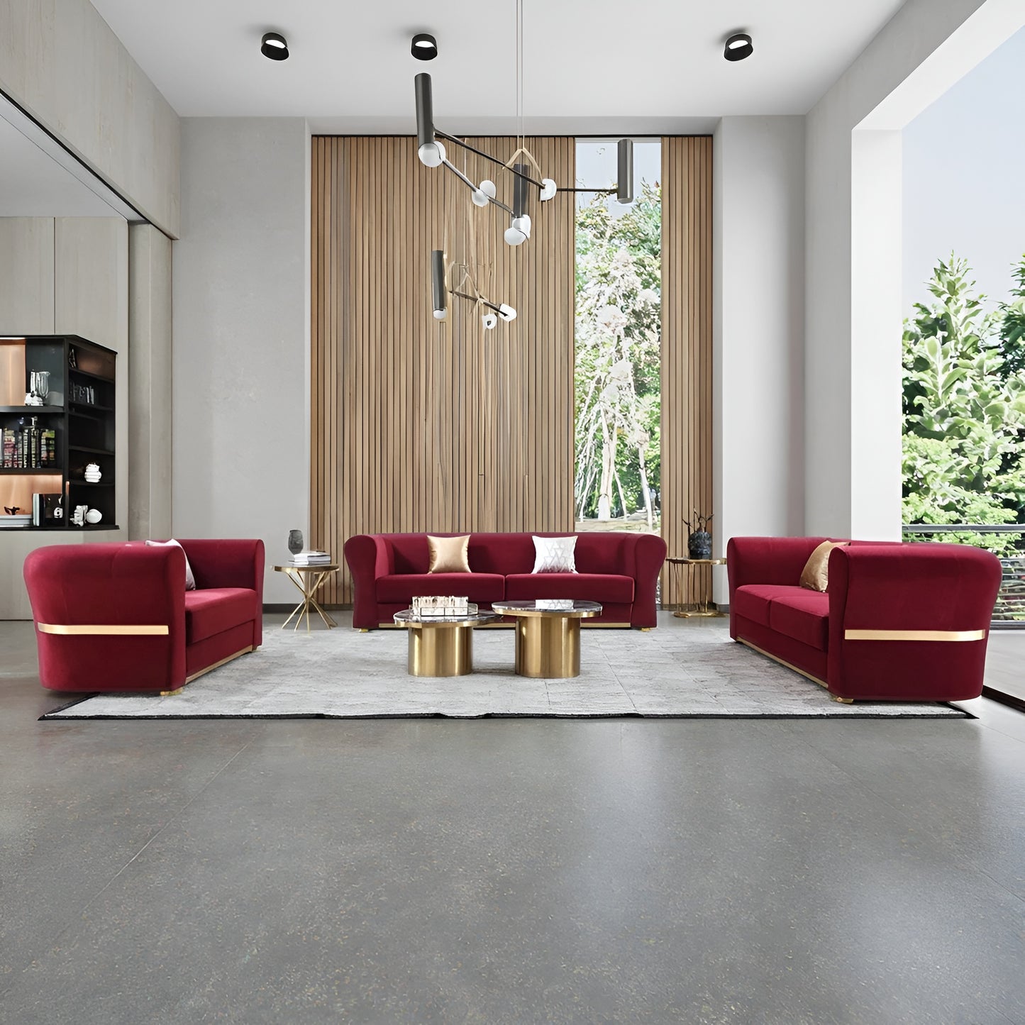 Minimalist Velvet Upholstered 3 Pcs Maroon Sofa Set / Ruchi