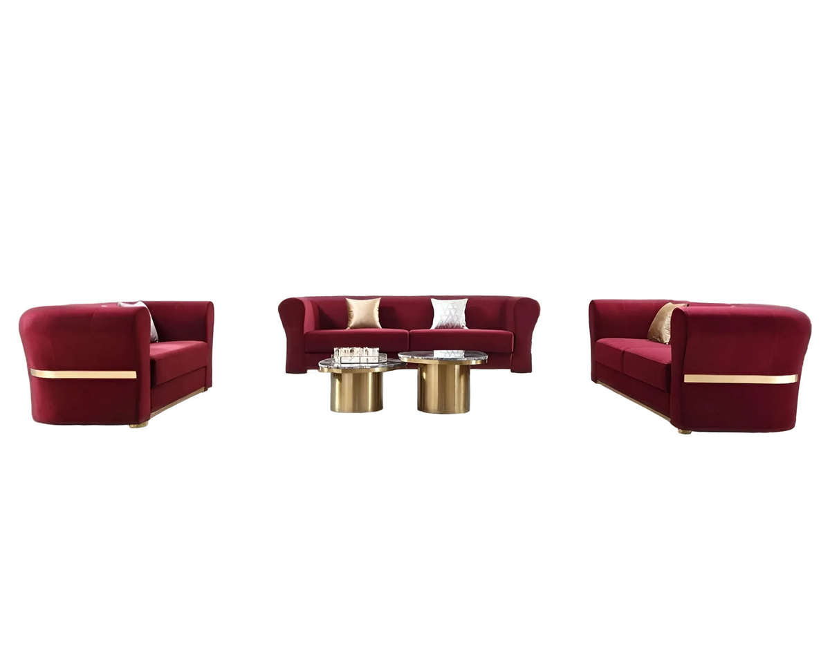 Minimalist Velvet Upholstered 3 Pcs Maroon Sofa Set
