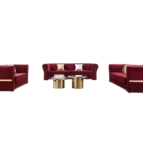 Minimalist Velvet Upholstered 3 Pcs Maroon Sofa Set