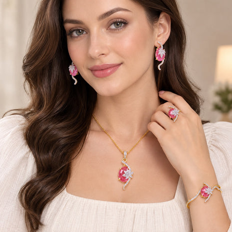4 Piece Sparkling Leaf American Diamond Jewelry Set