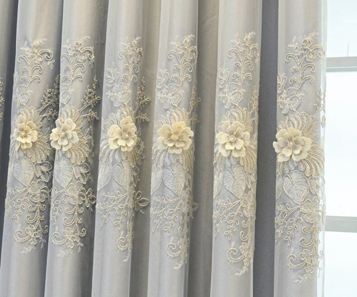 Floral Embroidery Polyester Grey Tulle Window Curtain / Ruchi