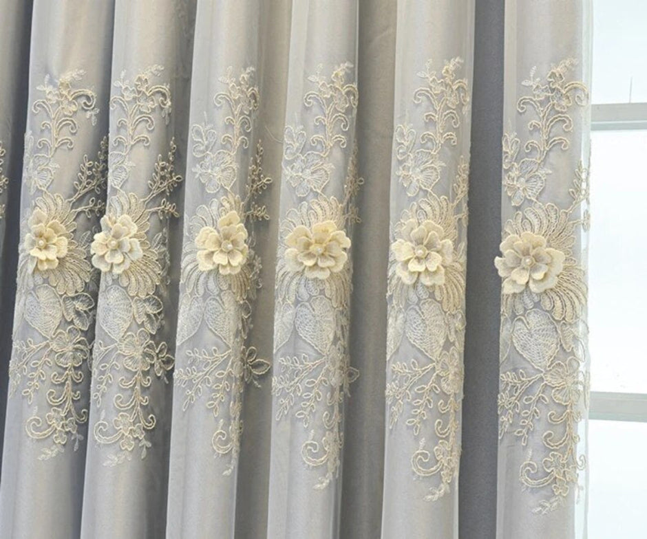 Floral Embroidery Polyester Grey Tulle Window Curtain / Ruchi