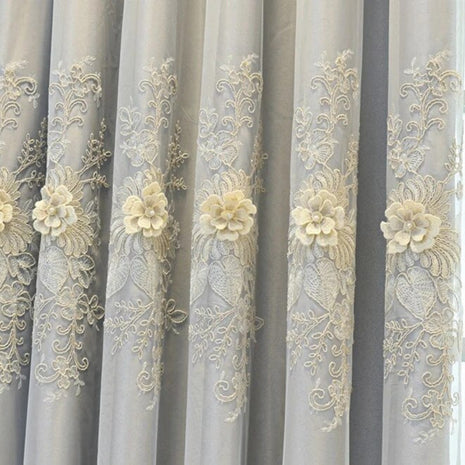 Floral Embroidery Polyester Grey Tulle Window Curtain / Ruchi