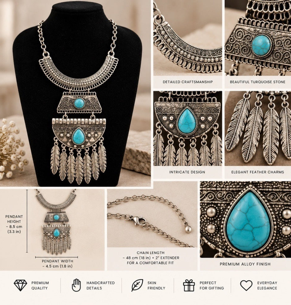 Turquoise Stone Alloy Boho Feather Necklace / Ruchi