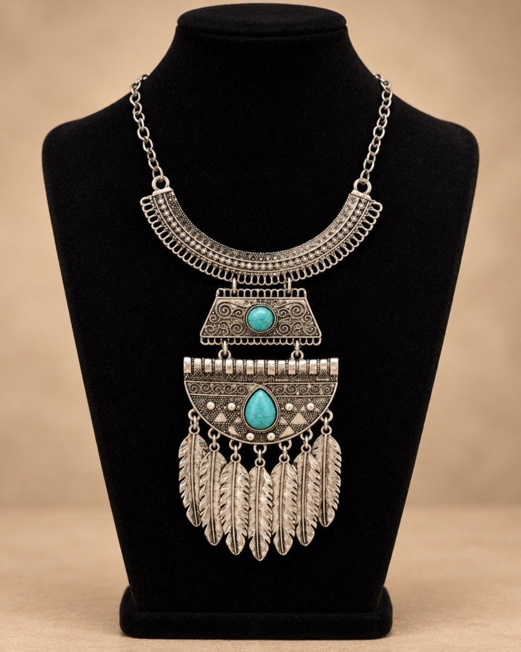 Turquoise Stone Alloy Boho Feather Necklace / Ruchi