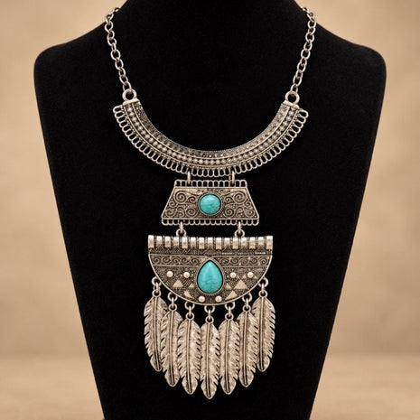 Turquoise Stone Alloy Boho Feather Necklace / Ruchi