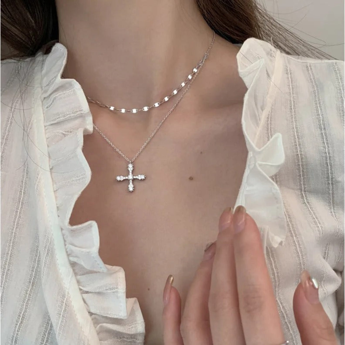 Double Chain Cross Pendant Necklace / Ruchi