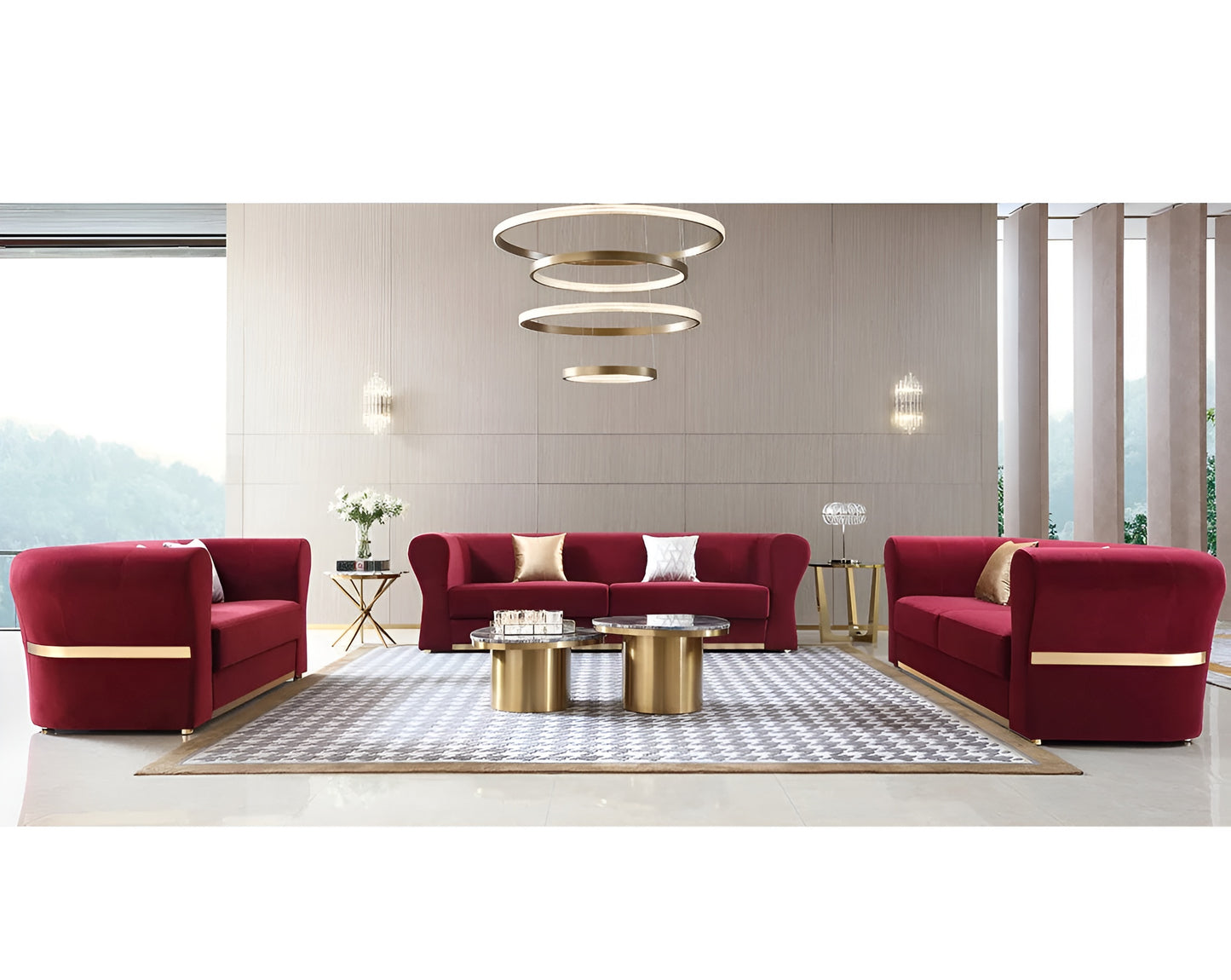 Minimalist Velvet Upholstered 3 Pcs Maroon Sofa Set / Ruchi
