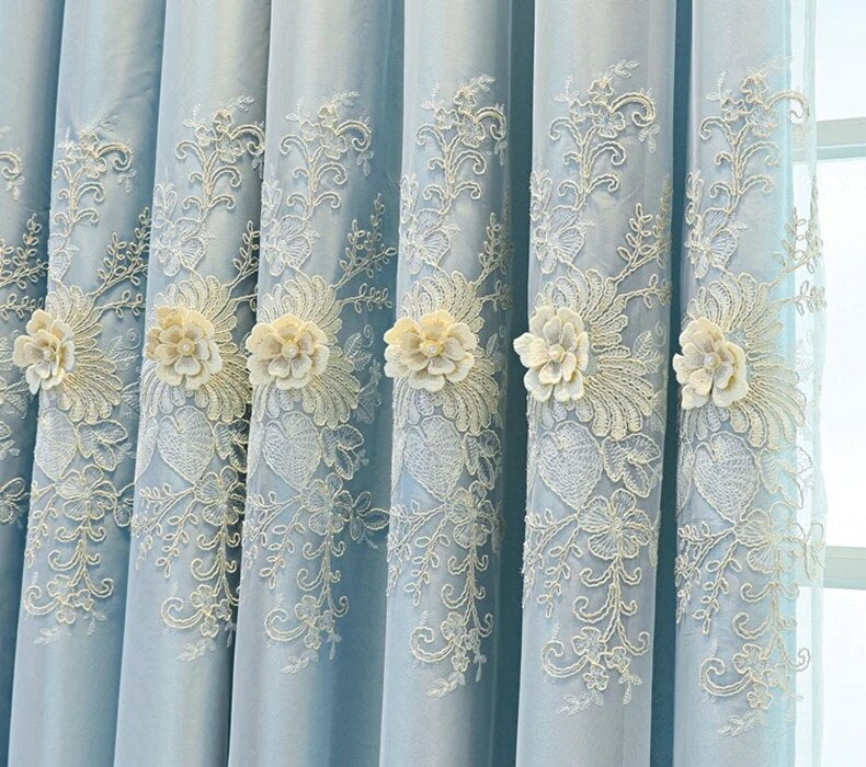 Dual Layered Flower Embroidery Polyester Fabric Blue Tulle Window Curtain / Ruchi