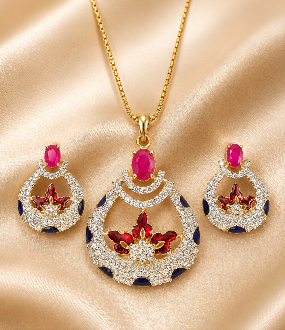 American Diamond Tear Drop Earrings And Necklace Set / Ruchi