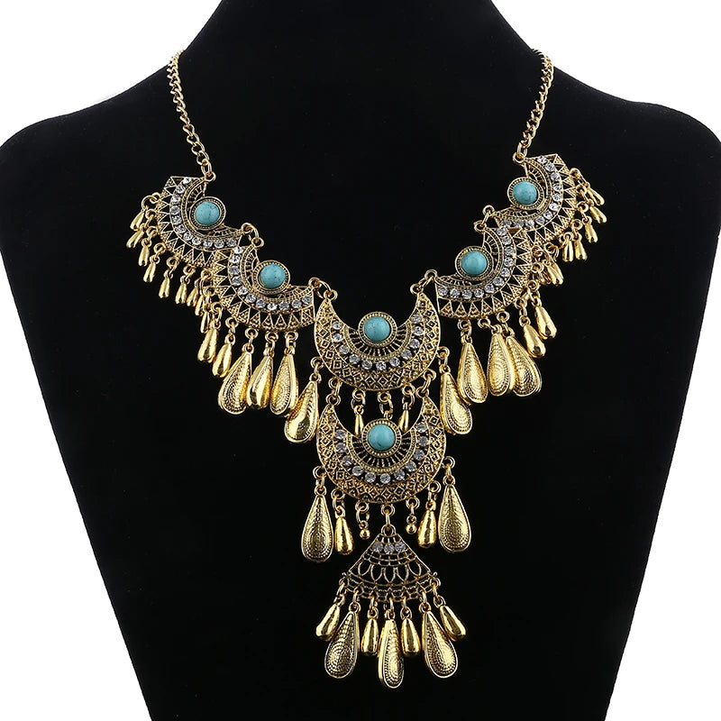 Ethnic Turquoise Stone Drop Metal Necklace