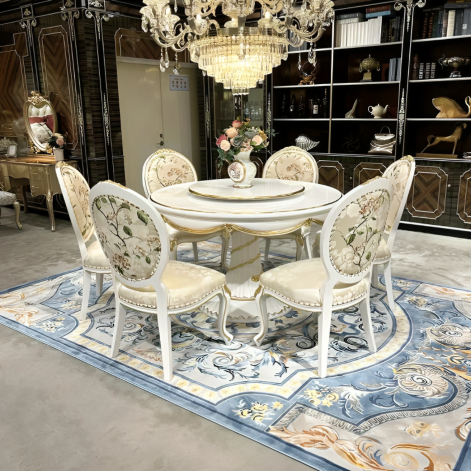 European Wooden Round Dining Table With 6 Chairs / Ruchi