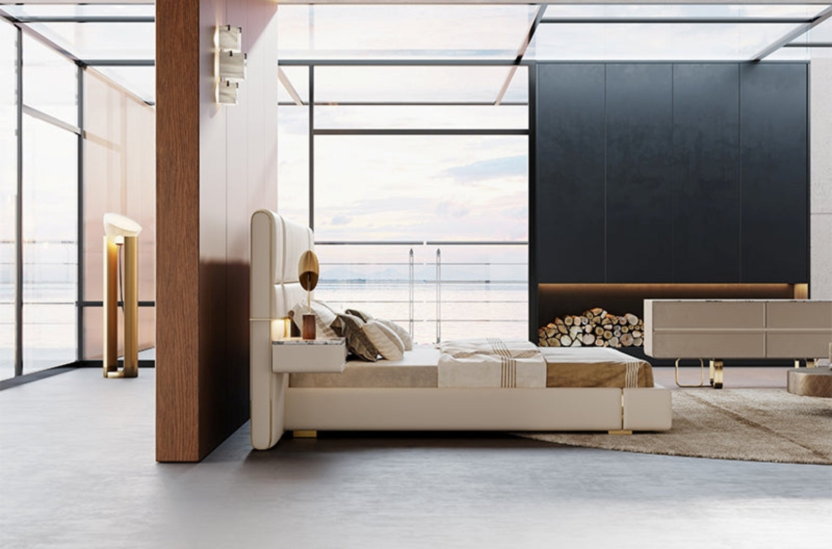 Modern Leather Platform Bed With Headboard / Ruchi