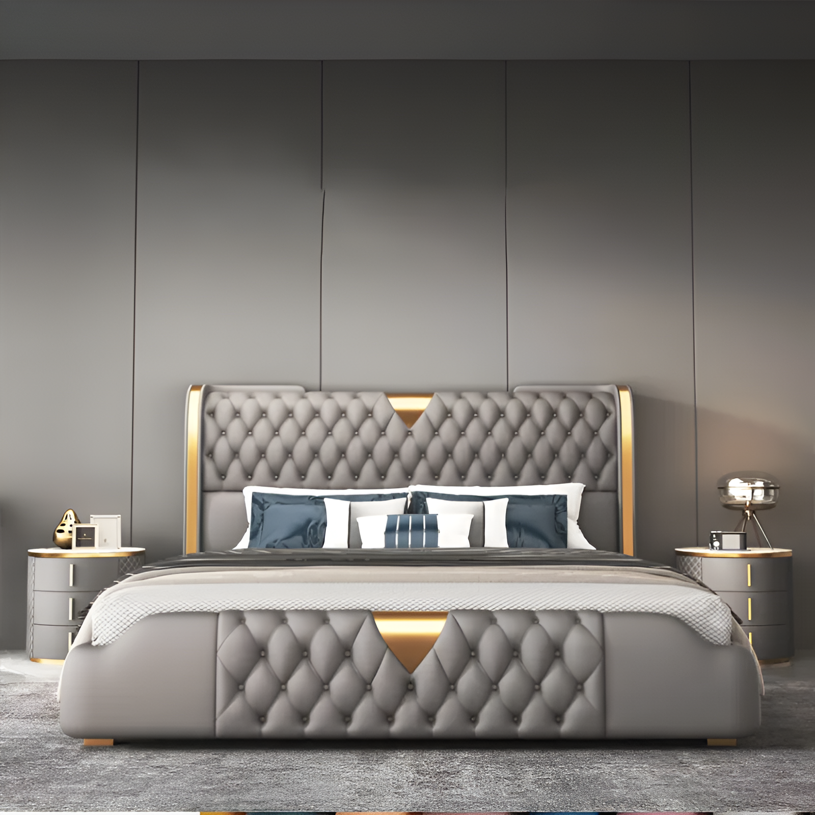 Modern Button Tufted Leather Bed / Ruchi