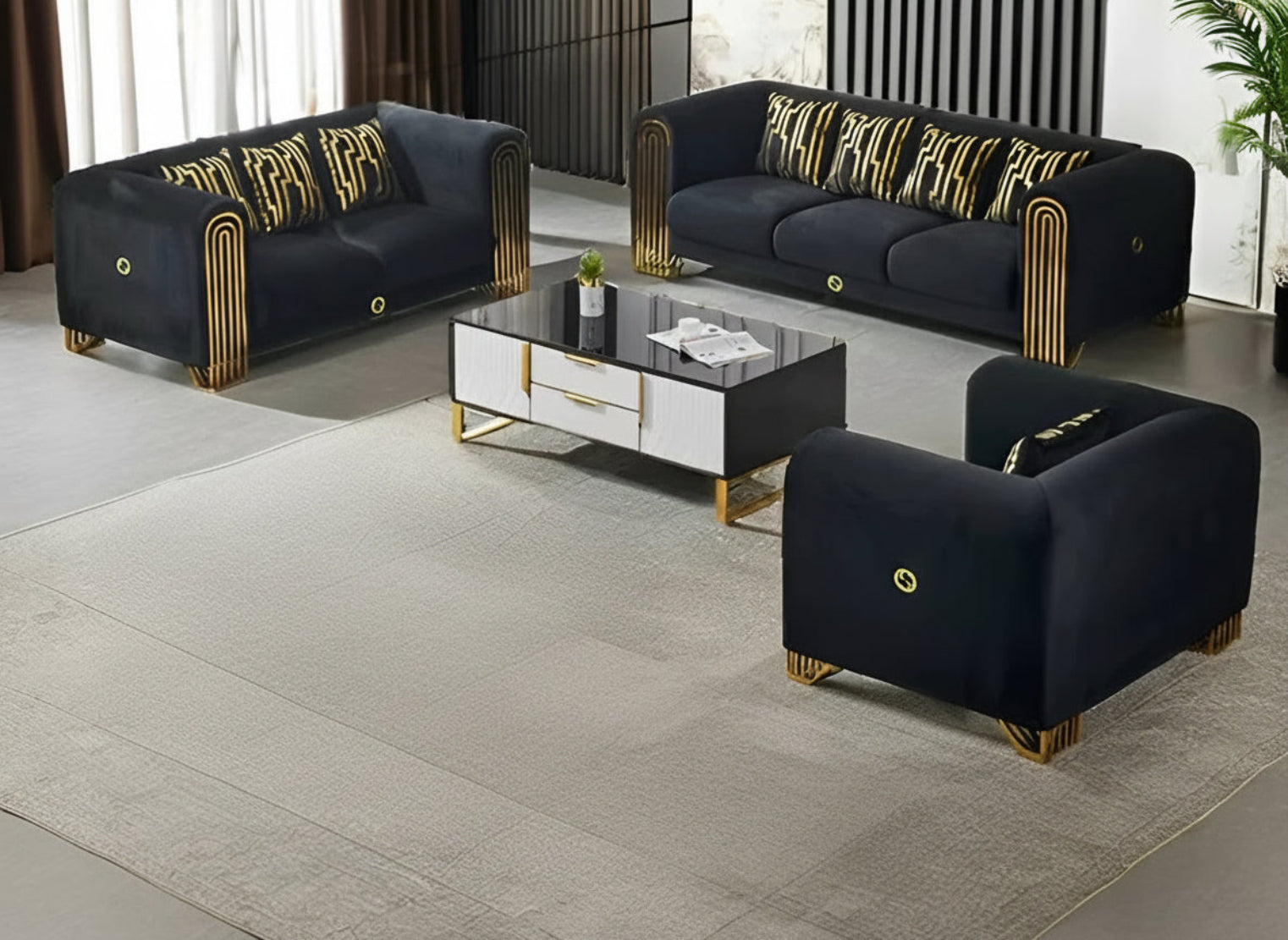 Modern Luxurious Black Velvet Sofa Set