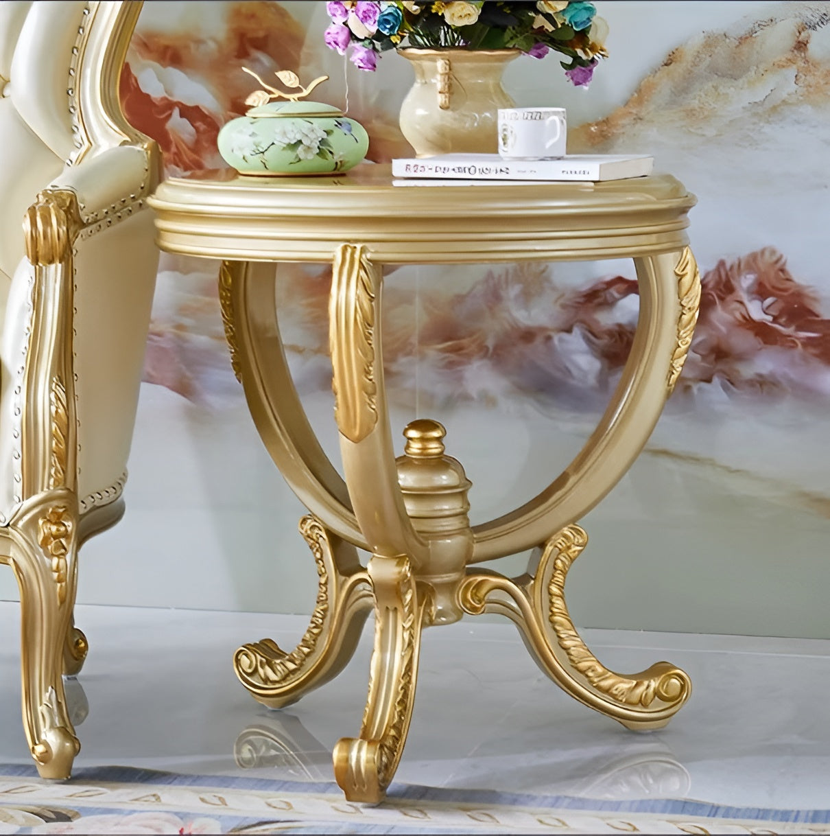 European Leather Sofa Chair And Side Table Set / Ruchi