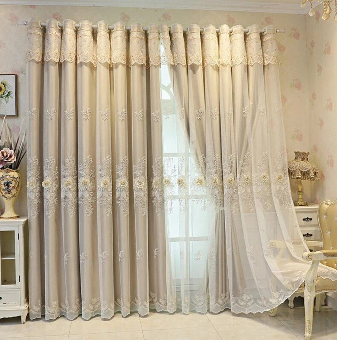 Floral Embroidered Tulle Window Curtain / Ruchi