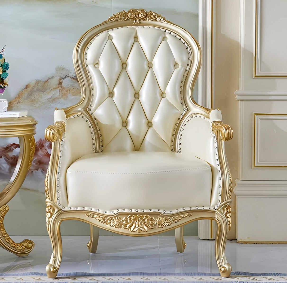 European Leather Sofa Chair And Side Table Set / Ruchi