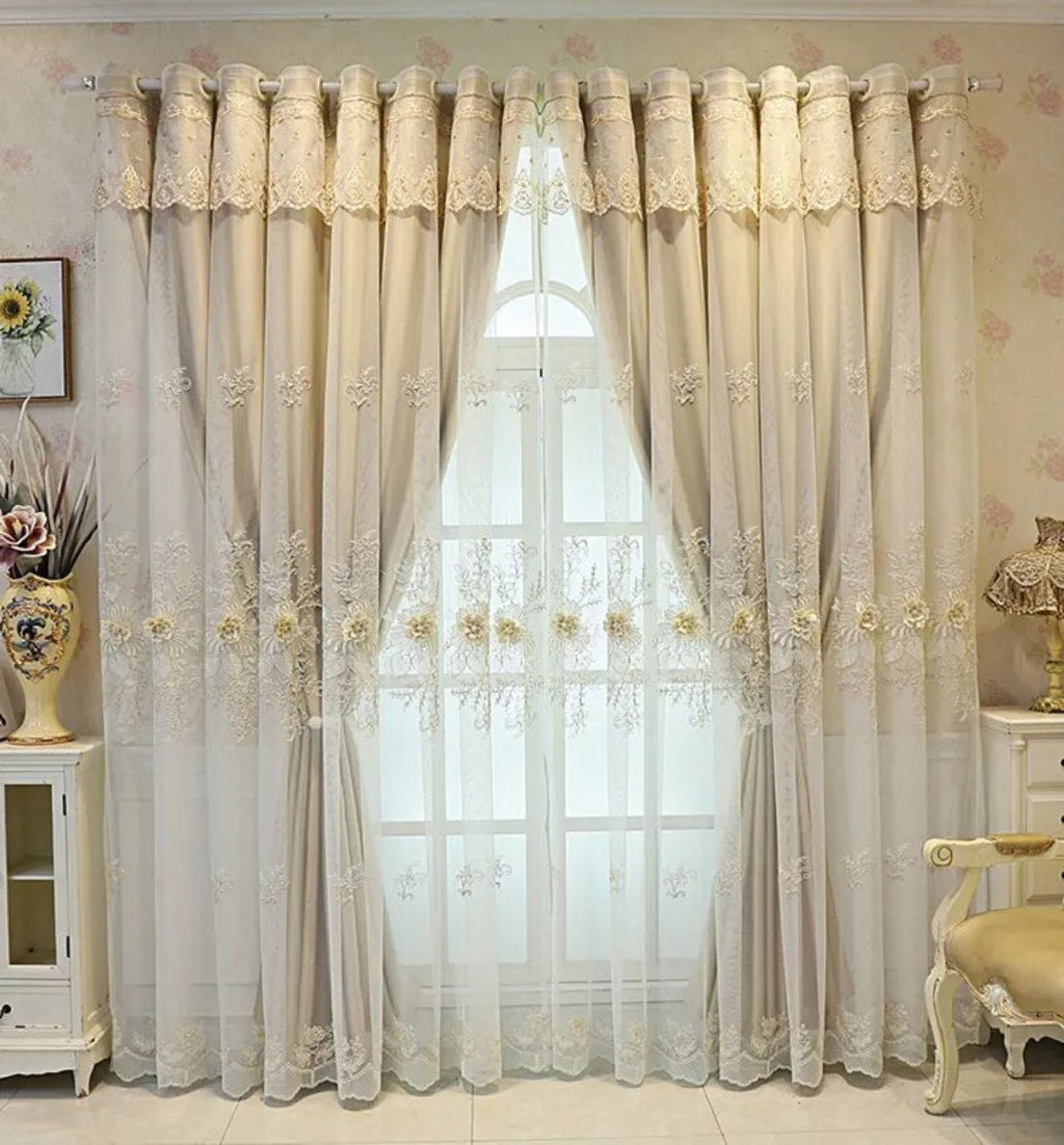 Floral Embroidered Tulle Window Curtain / Ruchi