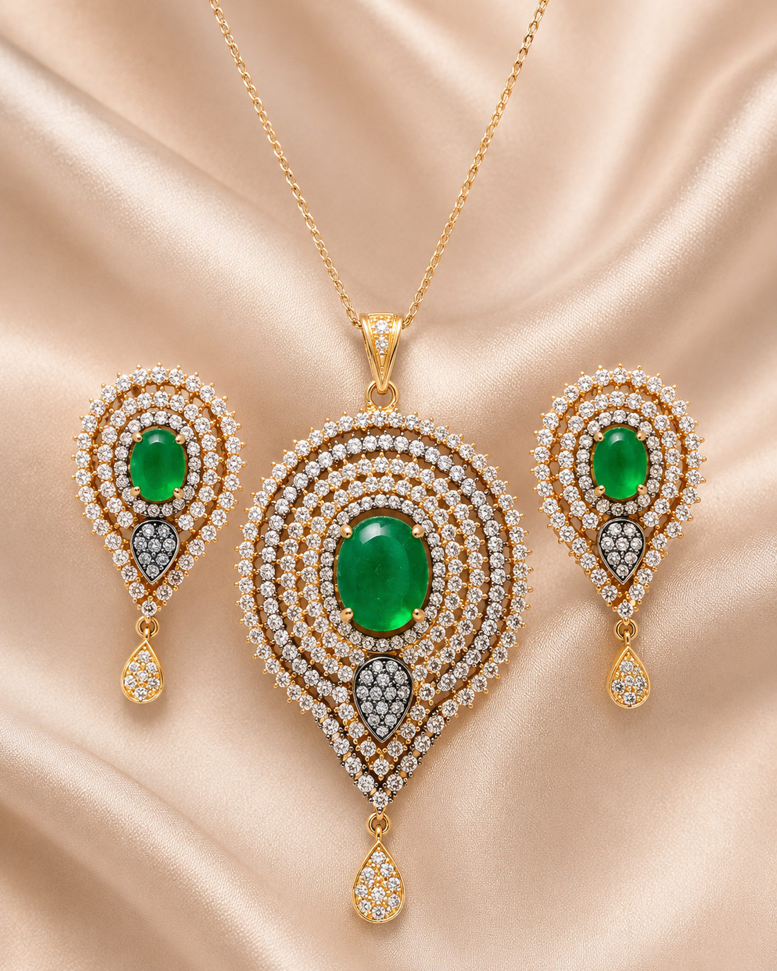 Green Stone Necklace and Earring Set With American Diamond / Ruchi