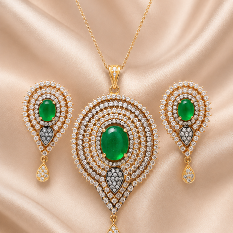 Green Stone Necklace and Earring Set With American Diamond / Ruchi