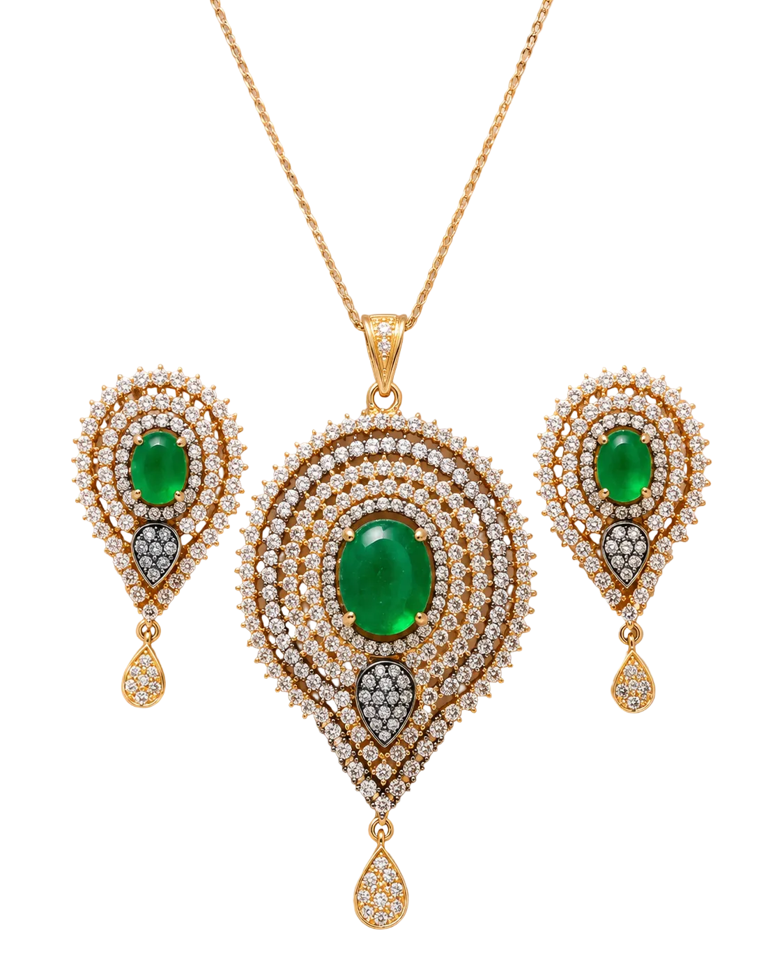 Green Stone Necklace and Earring Set With American Diamond / Ruchi