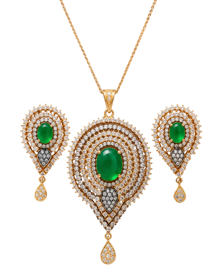 Green Stone Necklace and Earring Set With American Diamond / Ruchi