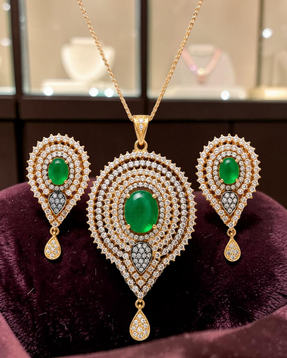 Green Stone Necklace and Earring Set With American Diamond / Ruchi