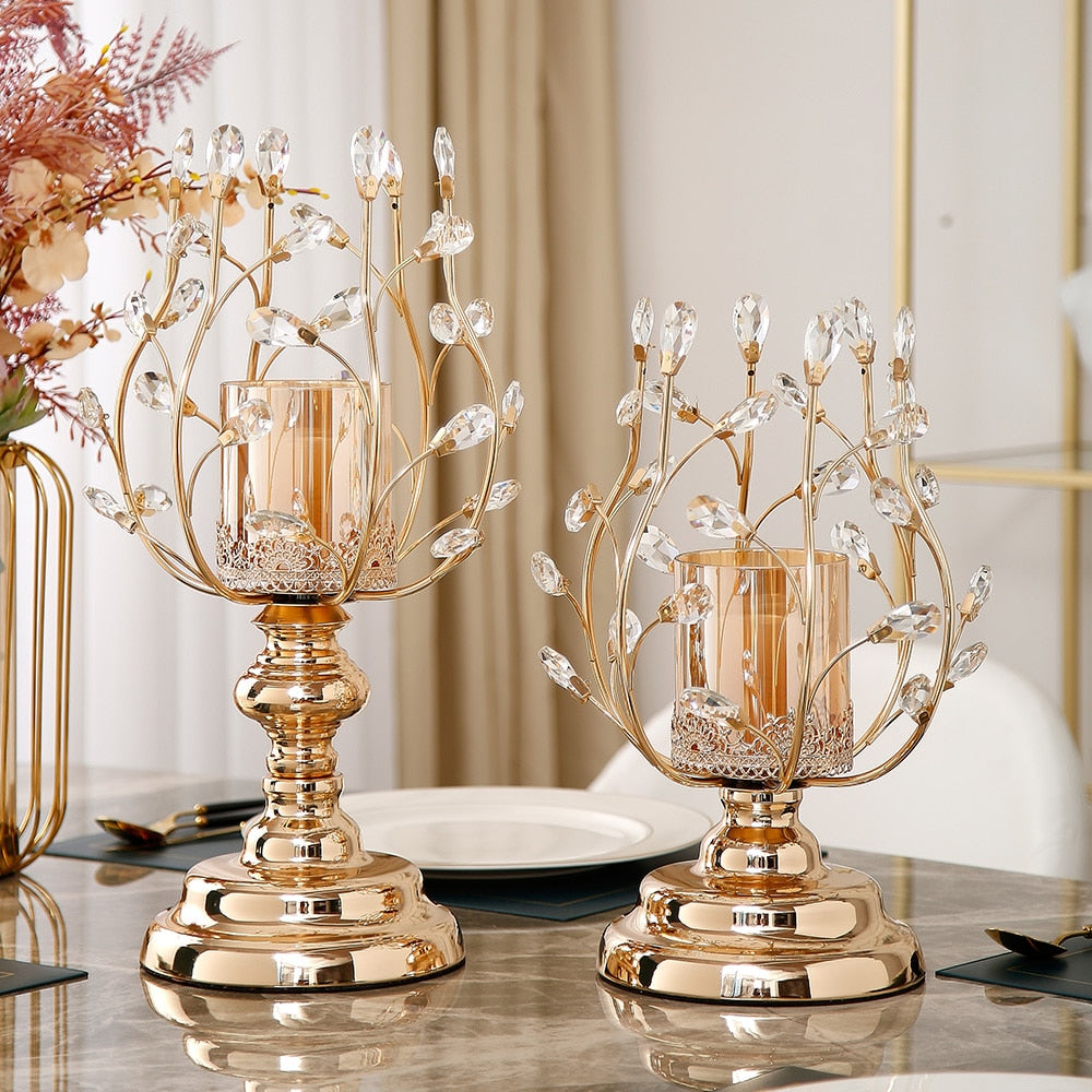 Exquisite Crystal-Accented Metal and Glass Candle Holder / Ruchi