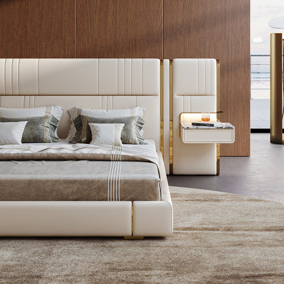 Modern Leather Platform Bed With Headboard / Ruchi
