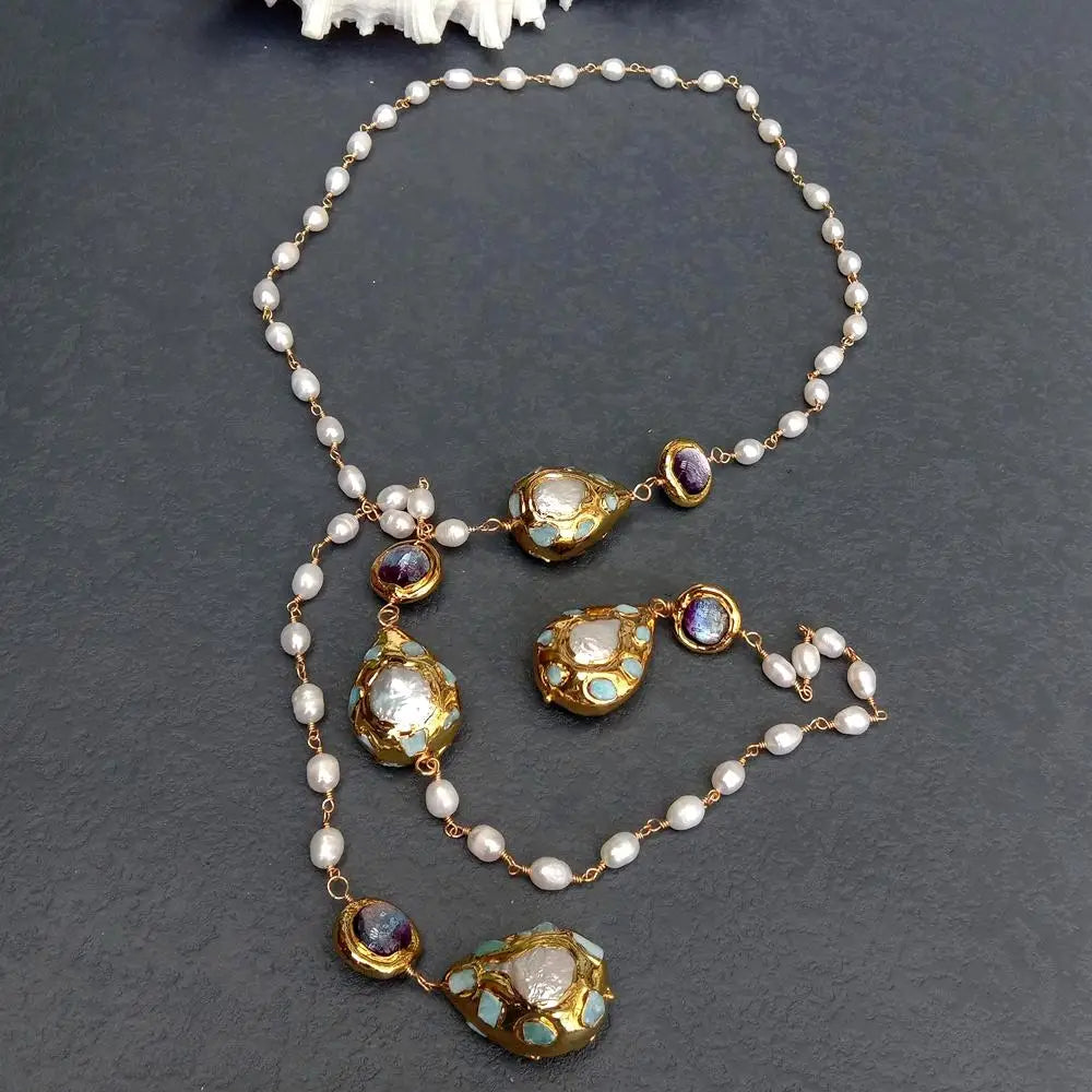 Larimar Beaded White Pearl Chain Necklace / Ruchi