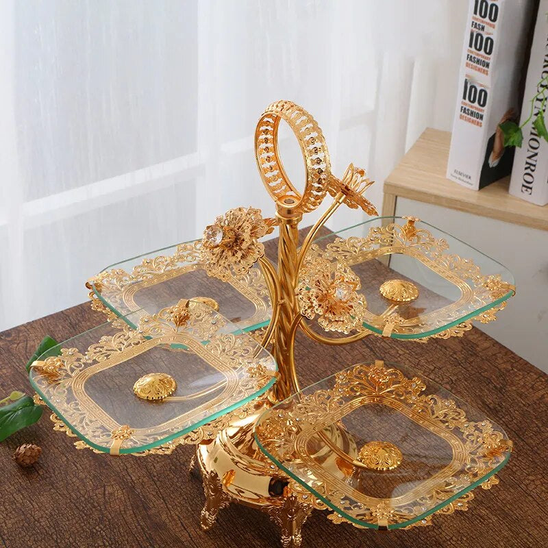 European Golden Metallic Cake And Tiered Stand With Tray / Ruchi