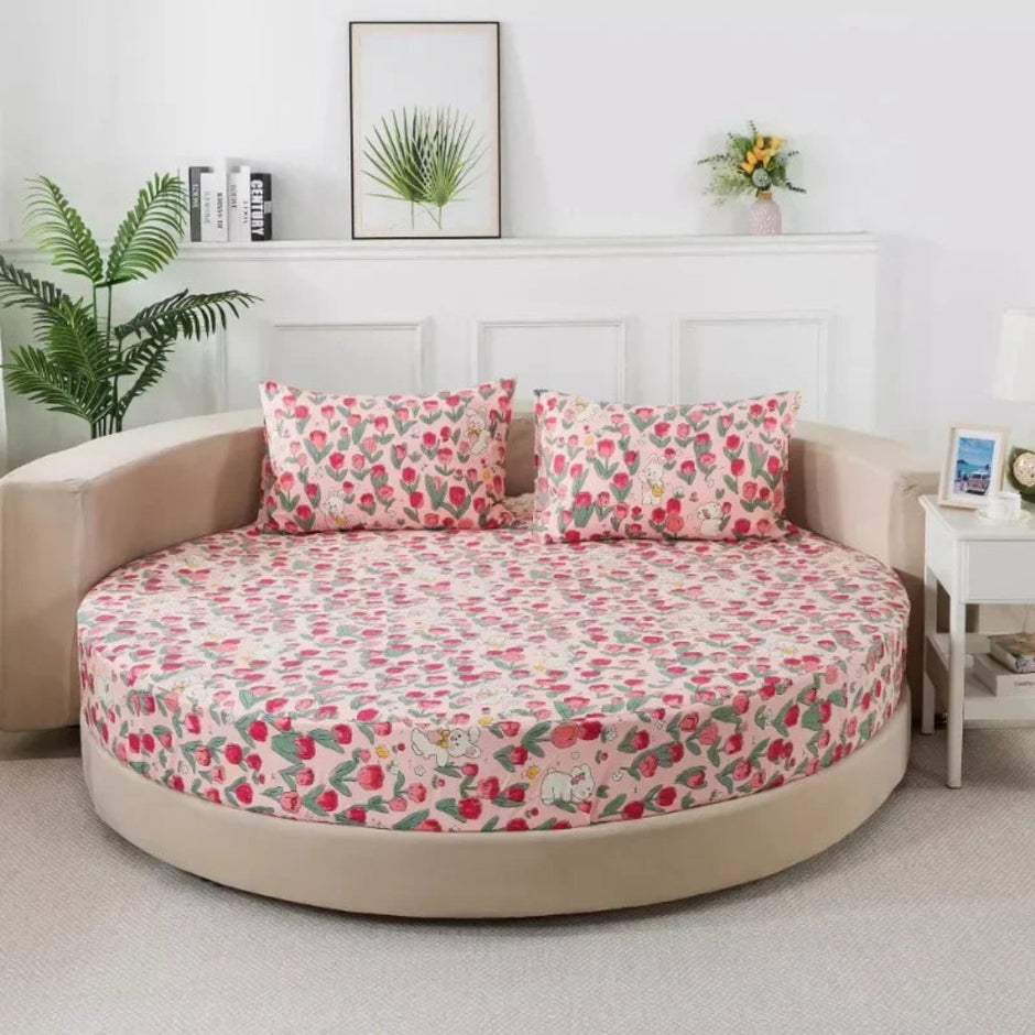 Round Cotton Fitted Bedsheet With Pillowcases / Ruchi
