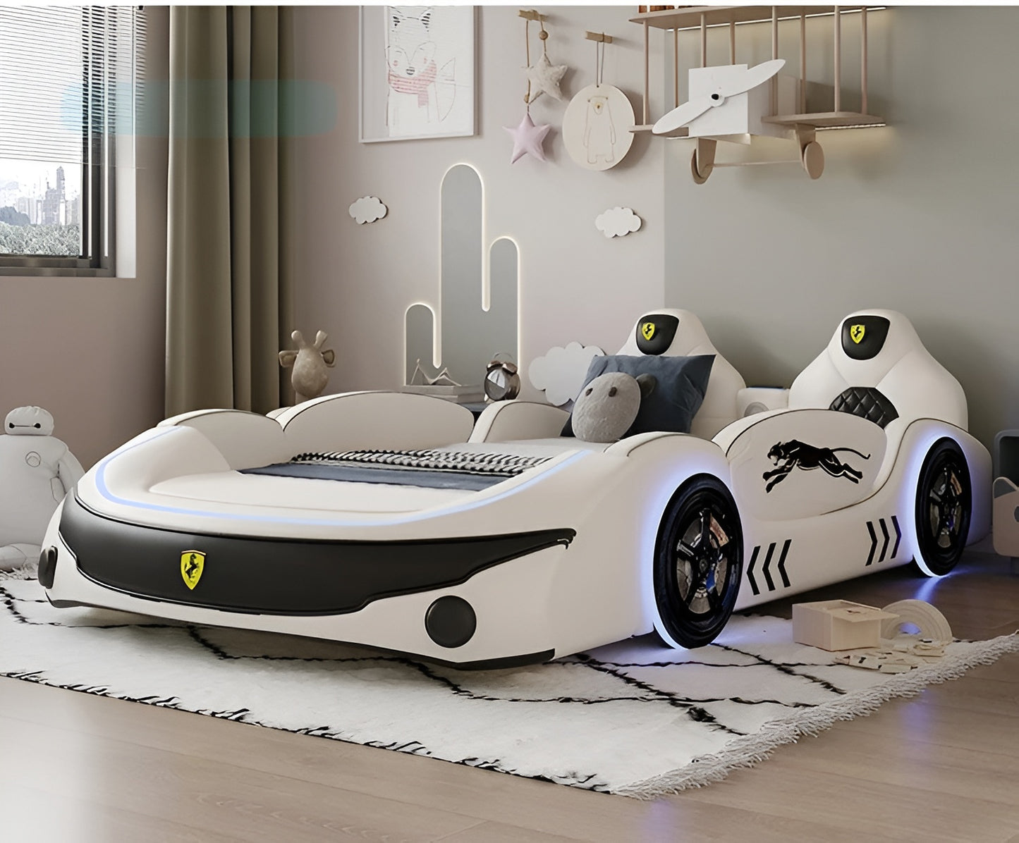 LED Leather Kids Car Bed With Mattress