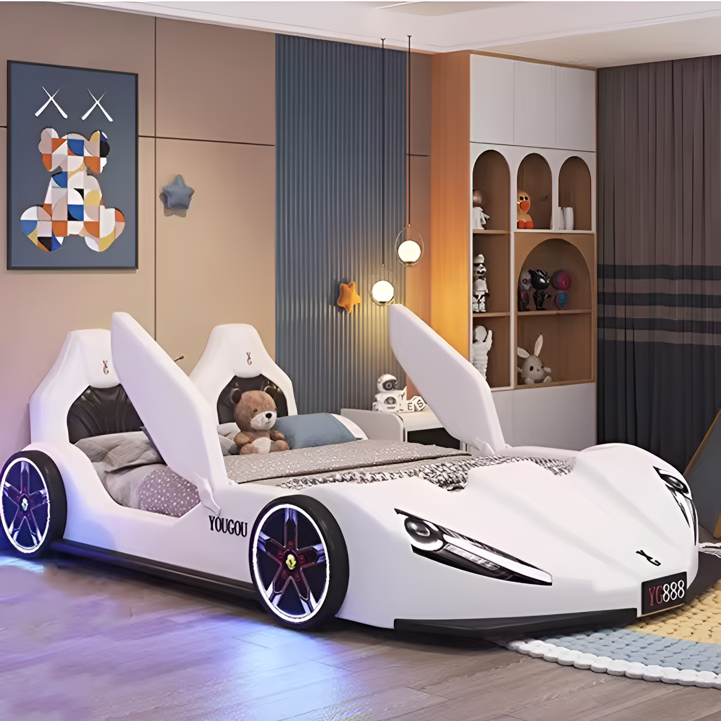 Kids' LED Leather Car Bed