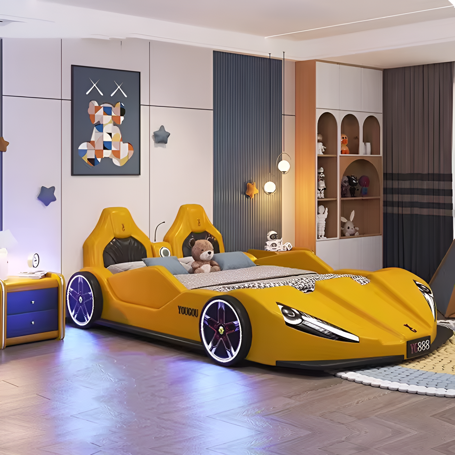 Kids' LED Leather Car Bed