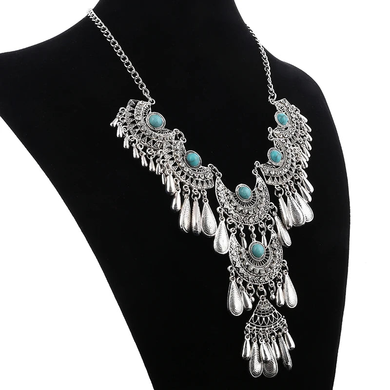 Ethnic Turquoise Stone Drop Metal Necklace